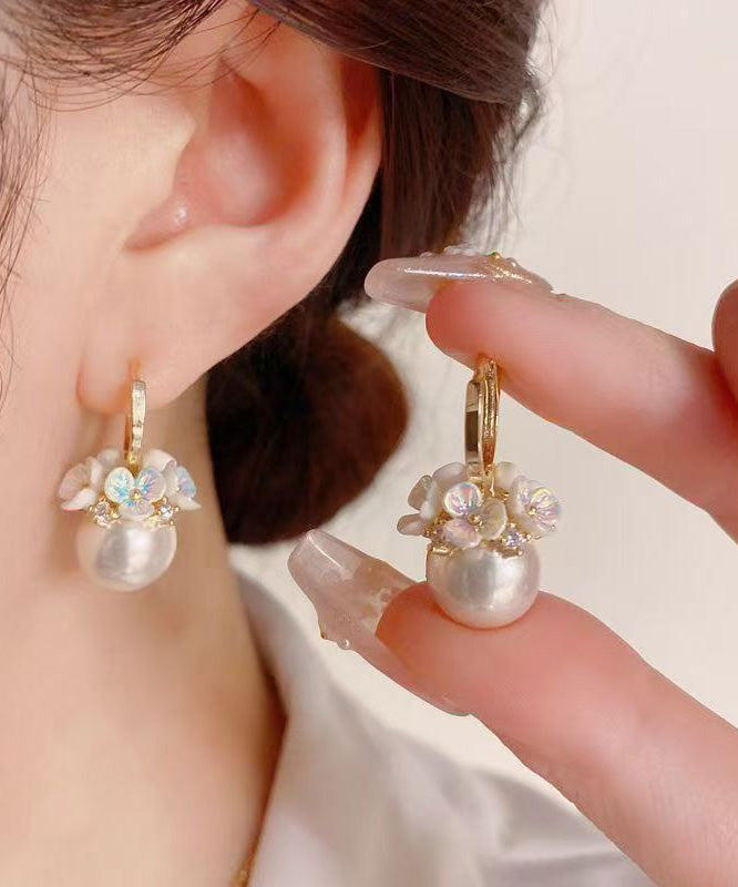 2025 新款金色銅合金鋯石珍珠花環耳環