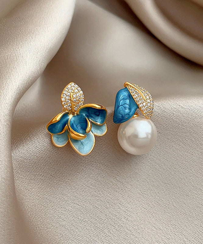 美麗的藍銅鋯石不對稱珍珠琺瑯滴釉耳釘