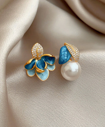 美麗的藍銅鋯石不對稱珍珠琺瑯滴釉耳釘