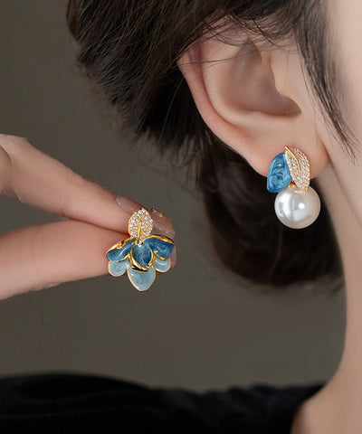 美麗的藍銅鋯石不對稱珍珠琺瑯滴釉耳釘