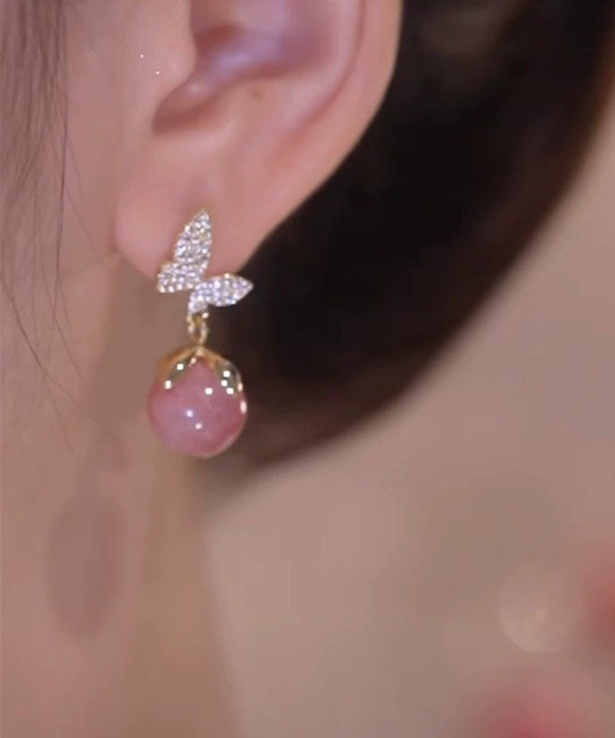 美麗粉色鍍金鋯石蛋白石蝴蝶垂墜耳環