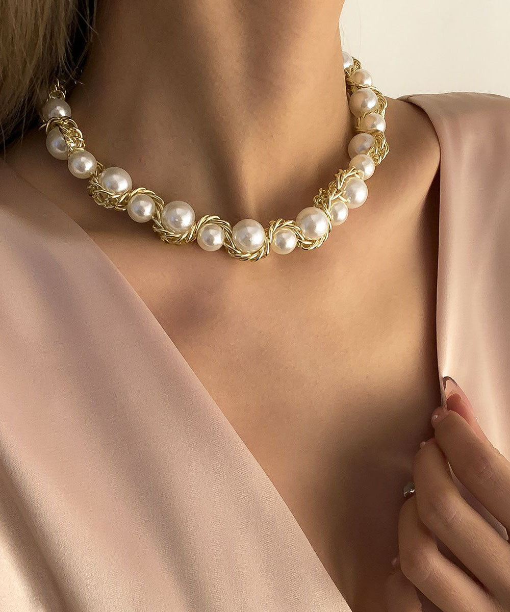 波希米亞風金色銅合金珍珠漸變珠項鍊