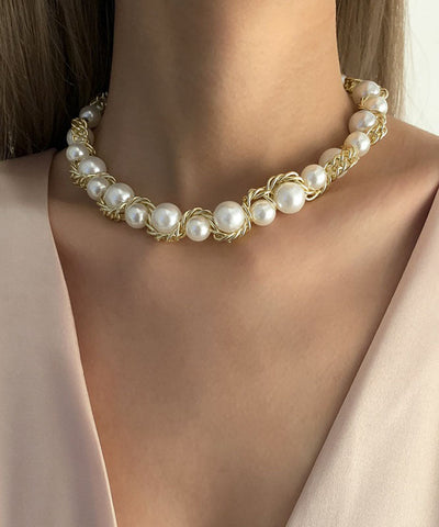 波希米亞風金色銅合金珍珠漸變珠項鍊