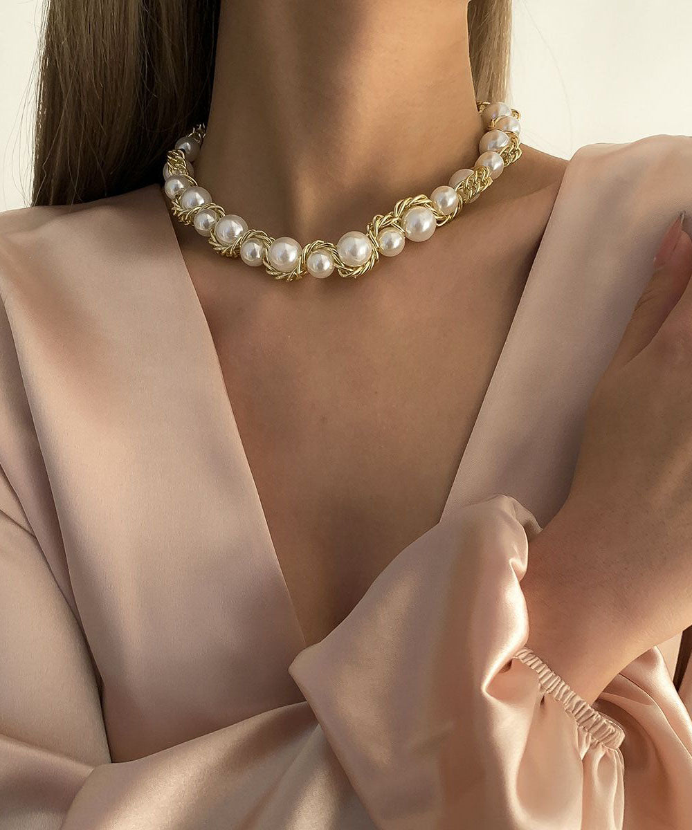 波希米亞風金色銅合金珍珠漸變珠項鍊