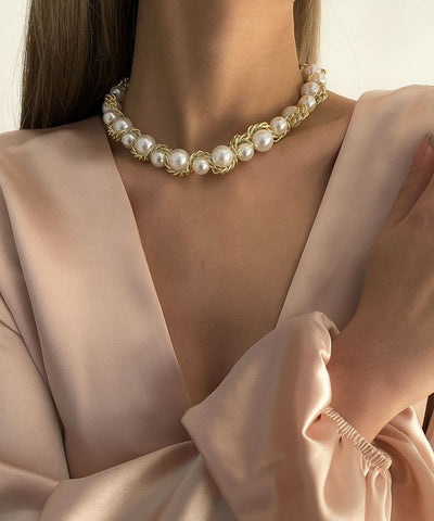 波希米亞風金色銅合金珍珠漸變珠項鍊