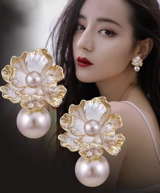 精品金色925純銀鍍金珍珠花朵耳釘