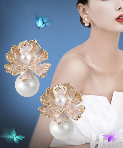 精品金色925純銀鍍金珍珠花朵耳釘