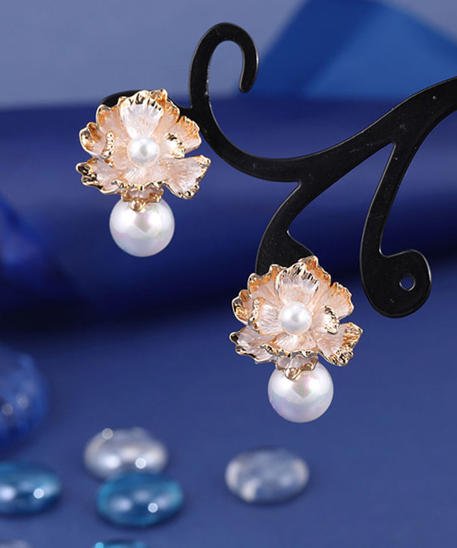 精品金色925純銀鍍金珍珠花朵耳釘