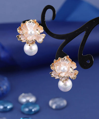精品金色925純銀鍍金珍珠花朵耳釘