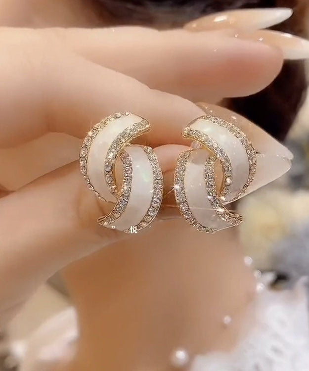 時尚白色純銀鋯石幾何雙C圈耳環