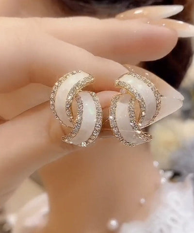 時尚白色純銀鋯石幾何雙C圈耳環