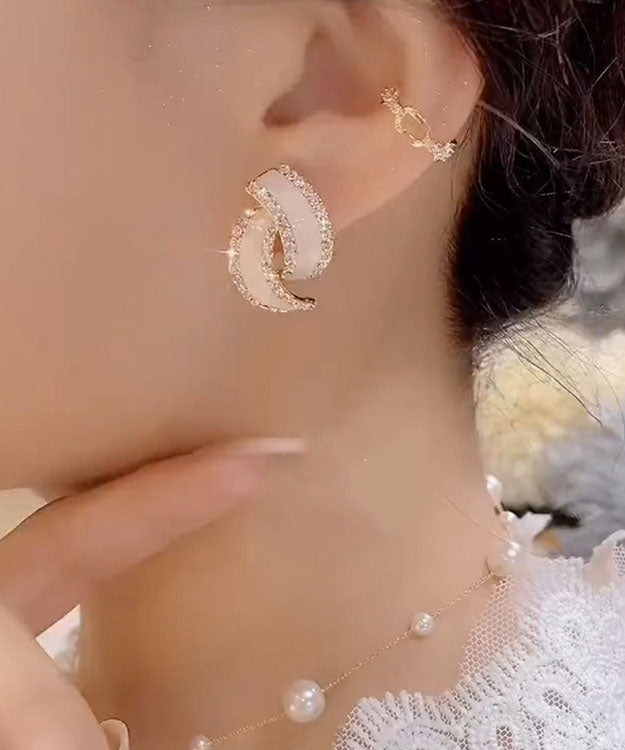 時尚白色純銀鋯石幾何雙C圈耳環