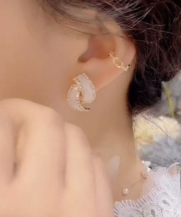 時尚白色純銀鋯石幾何雙C圈耳環