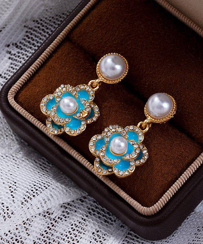 中國風藍色銅鋯石珍珠綠松石山茶花垂墜耳環