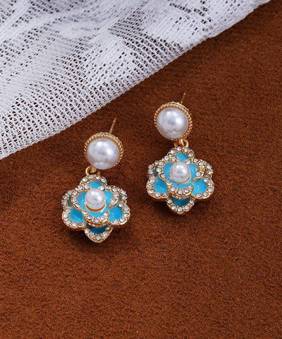 中國風藍色銅鋯石珍珠綠松石山茶花垂墜耳環