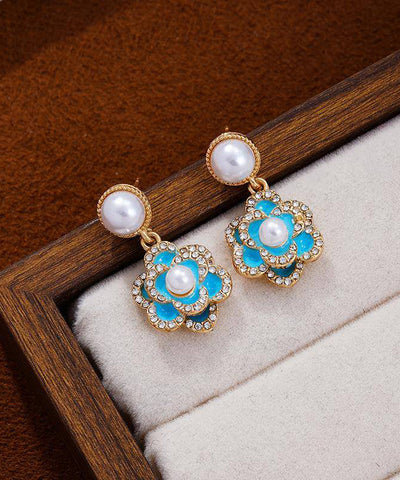 中國風藍色銅鋯石珍珠綠松石山茶花垂墜耳環