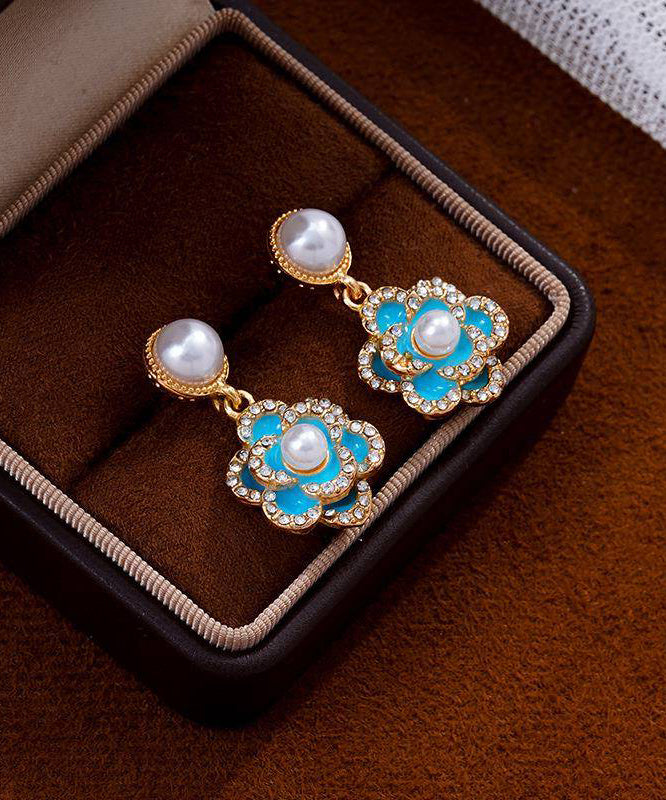 中國風藍色銅鋯石珍珠綠松石山茶花垂墜耳環
