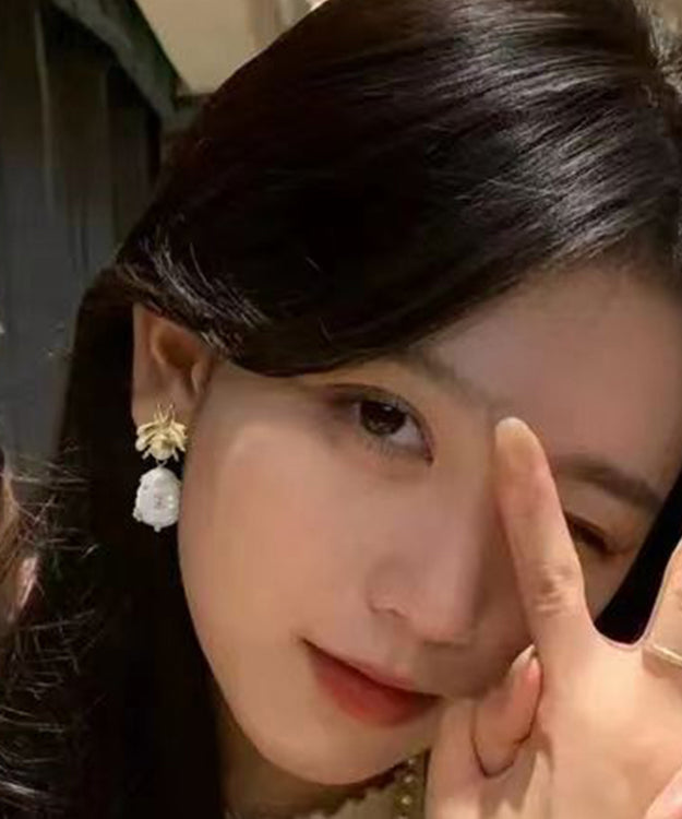 優雅金色銅電鍍鋯石蜜蜂珍珠垂墜耳環