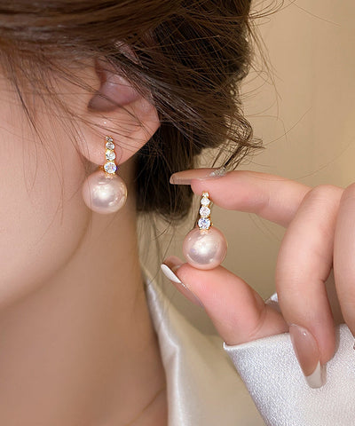 優雅粉紅色925純銀鍍金珍珠圈耳環