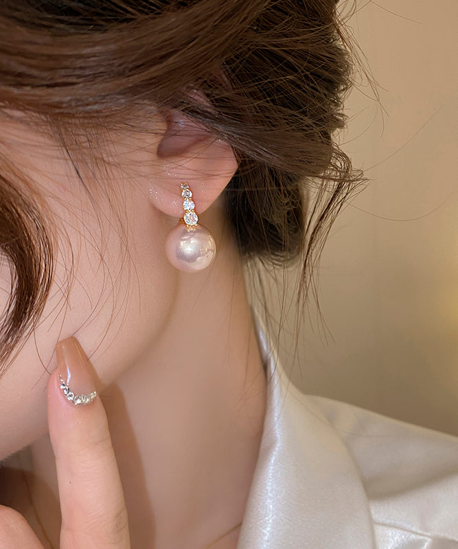 優雅粉紅色925純銀鍍金珍珠圈耳環