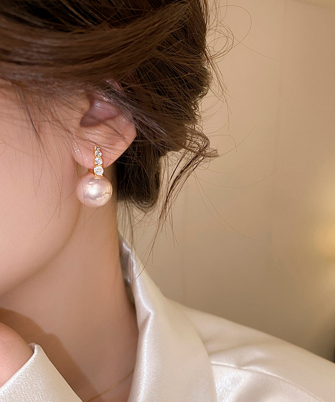 優雅粉紅色925純銀鍍金珍珠圈耳環