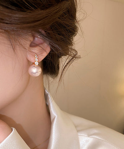 優雅粉紅色925純銀鍍金珍珠圈耳環