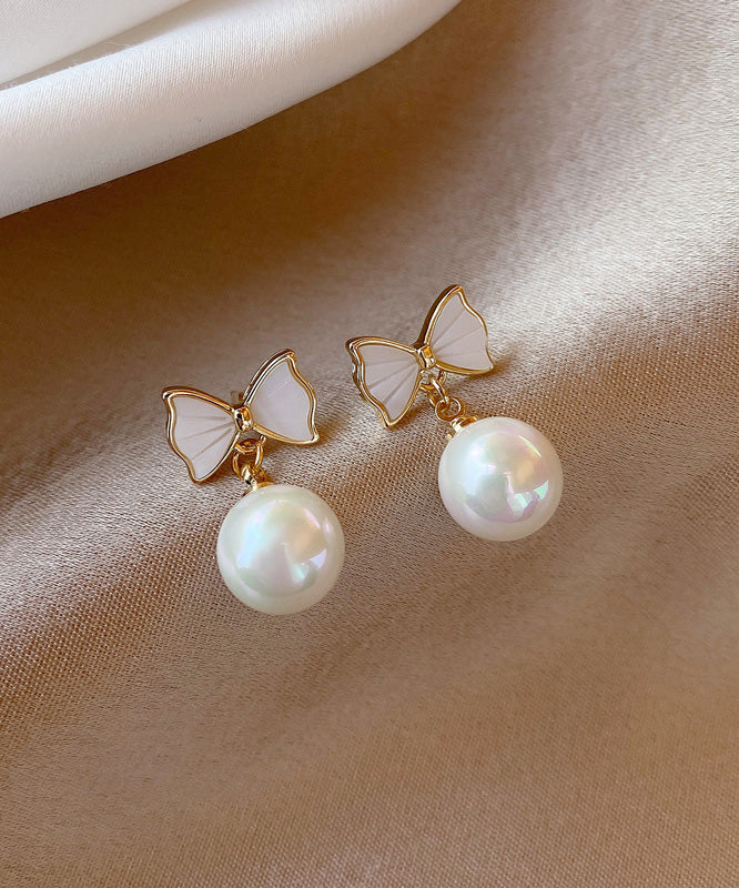 優雅白色銅合金蝴蝶結貝殼珍珠垂墜耳環