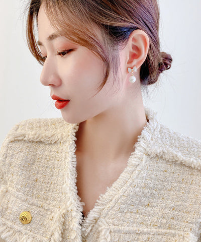 優雅白色銅合金蝴蝶結貝殼珍珠垂墜耳環