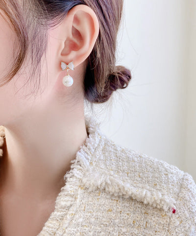 優雅白色銅合金蝴蝶結貝殼珍珠垂墜耳環