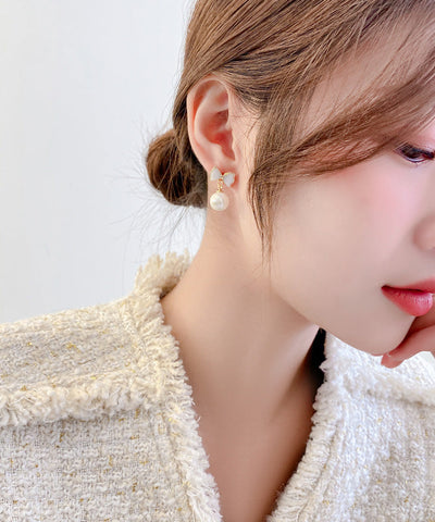 優雅白色銅合金蝴蝶結貝殼珍珠垂墜耳環