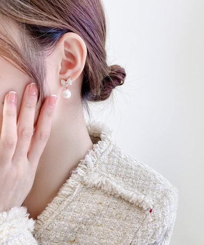 優雅白色銅合金蝴蝶結貝殼珍珠垂墜耳環