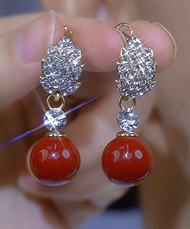 時尚香檳銅合金鋯石珍珠垂墜耳環