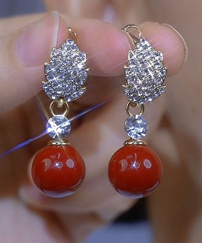 時尚香檳銅合金鋯石珍珠垂墜耳環