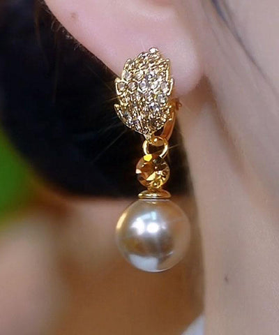 時尚香檳銅合金鋯石珍珠垂墜耳環