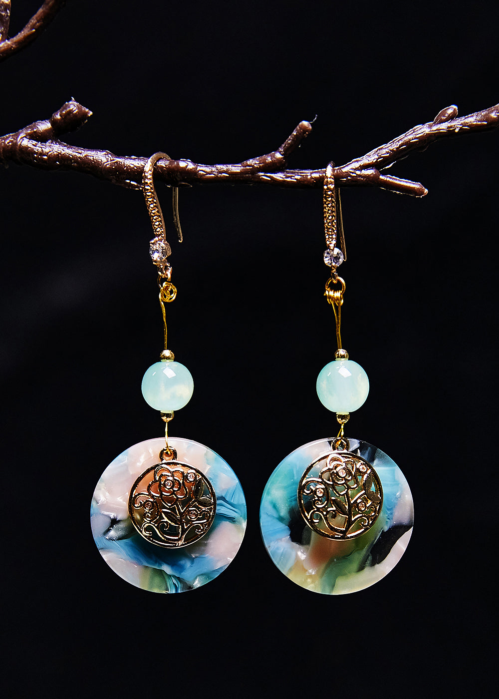 精美藍色圓形玉石民族風格垂墜耳環