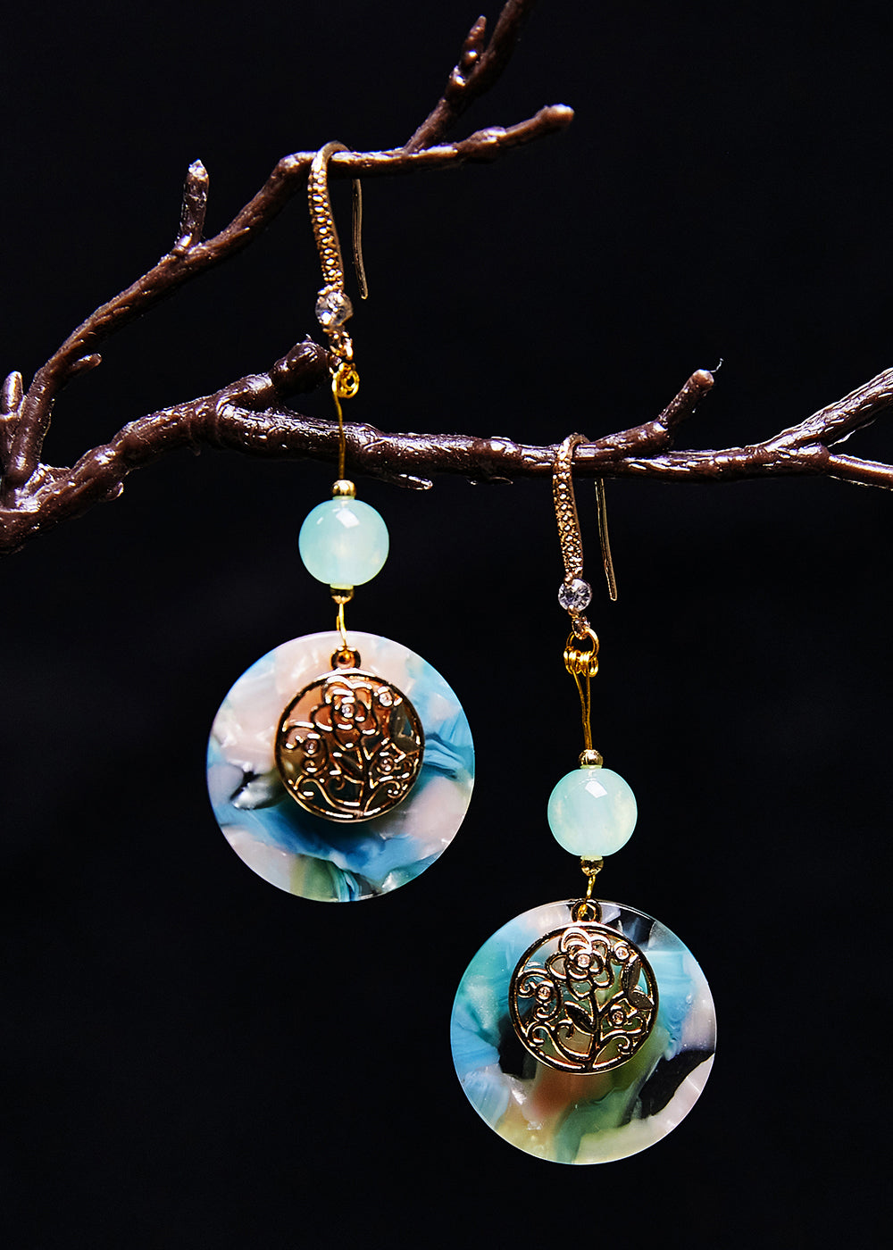 精美藍色圓形玉石民族風格垂墜耳環