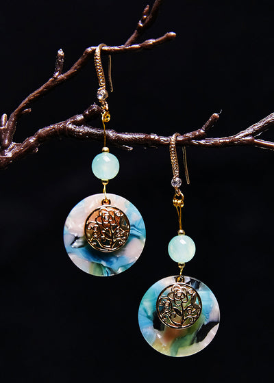 精美藍色圓形玉石民族風格垂墜耳環