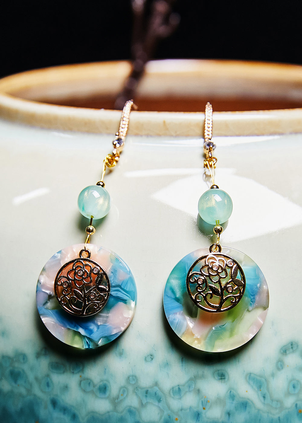 精美藍色圓形玉石民族風格垂墜耳環