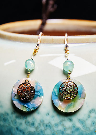 精美藍色圓形玉石民族風格垂墜耳環