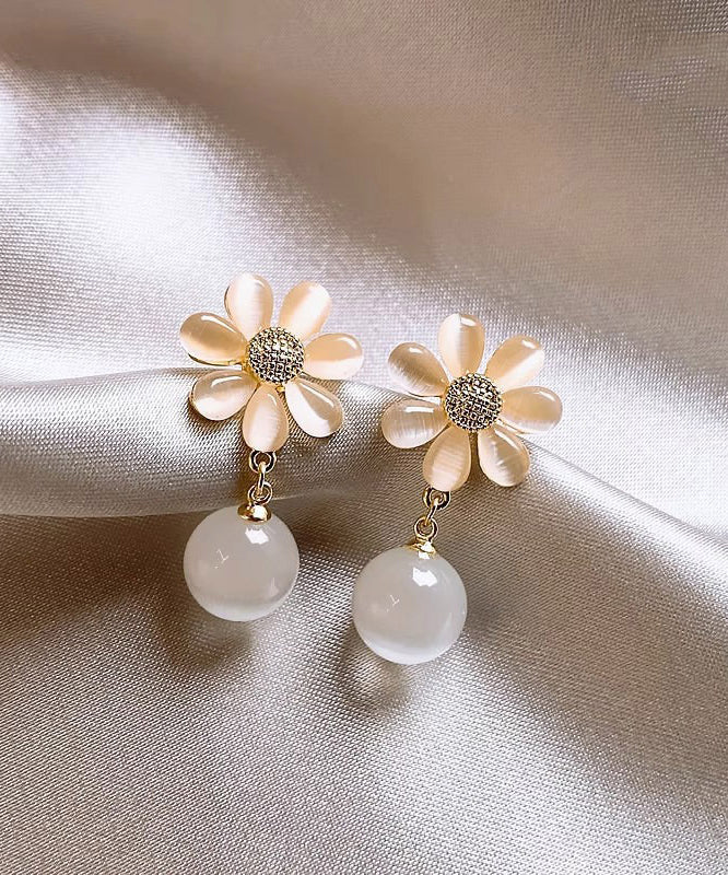 精緻香檳色銅合金花卉垂墜耳環