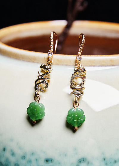 精緻綠色向日葵玉金飾垂墜耳環