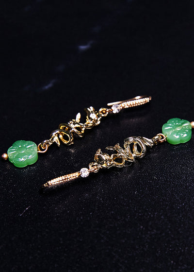 精緻綠色向日葵玉金飾垂墜耳環