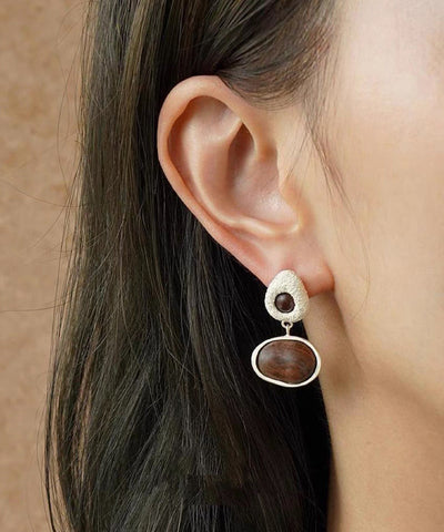 手工製作棕色打磨檀香木不對稱垂墜耳環