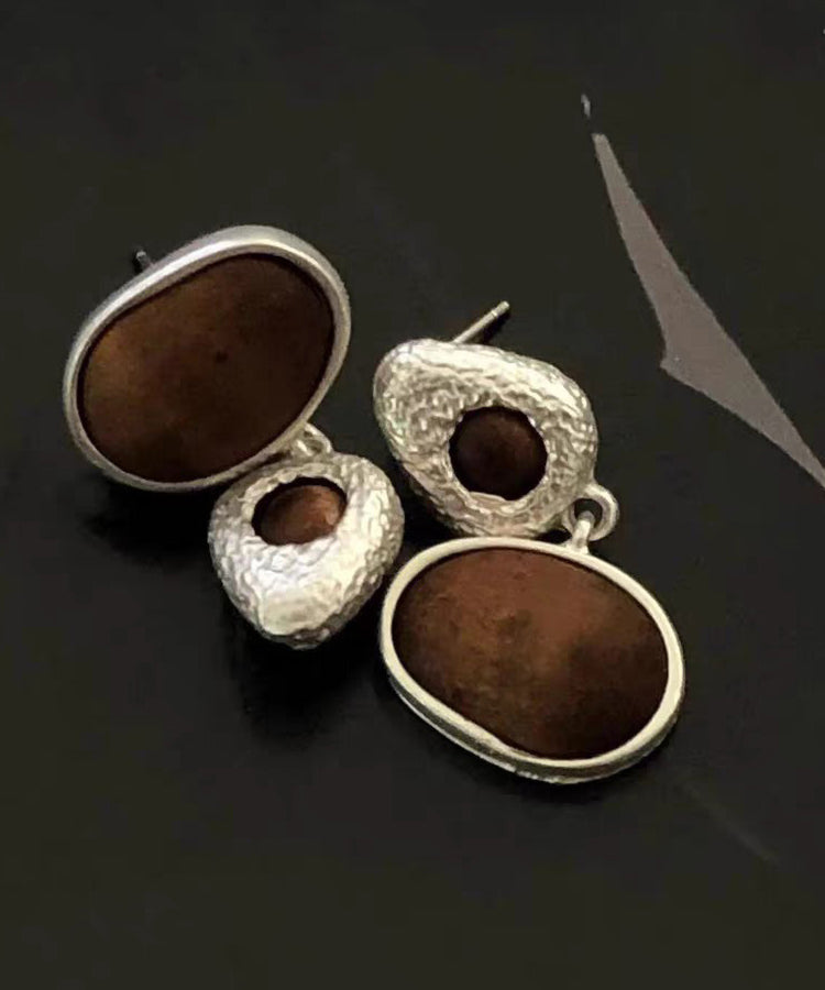 手工製作棕色打磨檀香木不對稱垂墜耳環