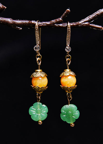 簡約綠色蓮花玉石連接蜜蠟垂墜耳環