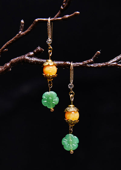 簡約綠色蓮花玉石連接蜜蠟垂墜耳環