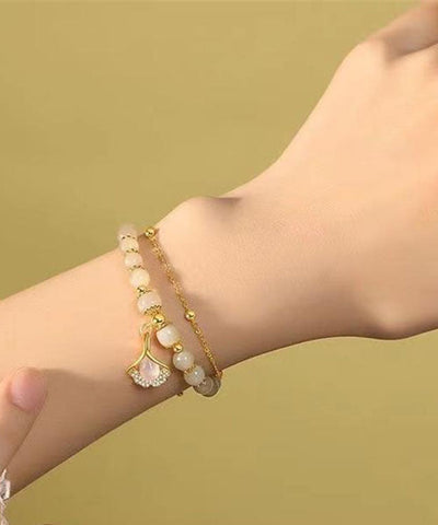 簡約淺綠色純銀鍍金鋯石玉石銀杏葉手鏈