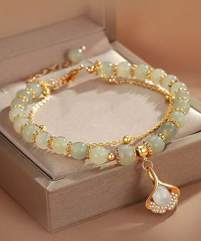 簡約淺綠色純銀鍍金鋯石玉石銀杏葉手鏈