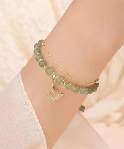 簡約淺綠色純銀鍍金鋯石玉石銀杏葉手鏈