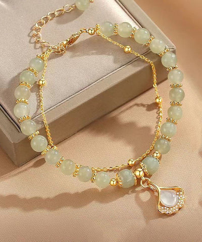 簡約淺綠色純銀鍍金鋯石玉石銀杏葉手鏈